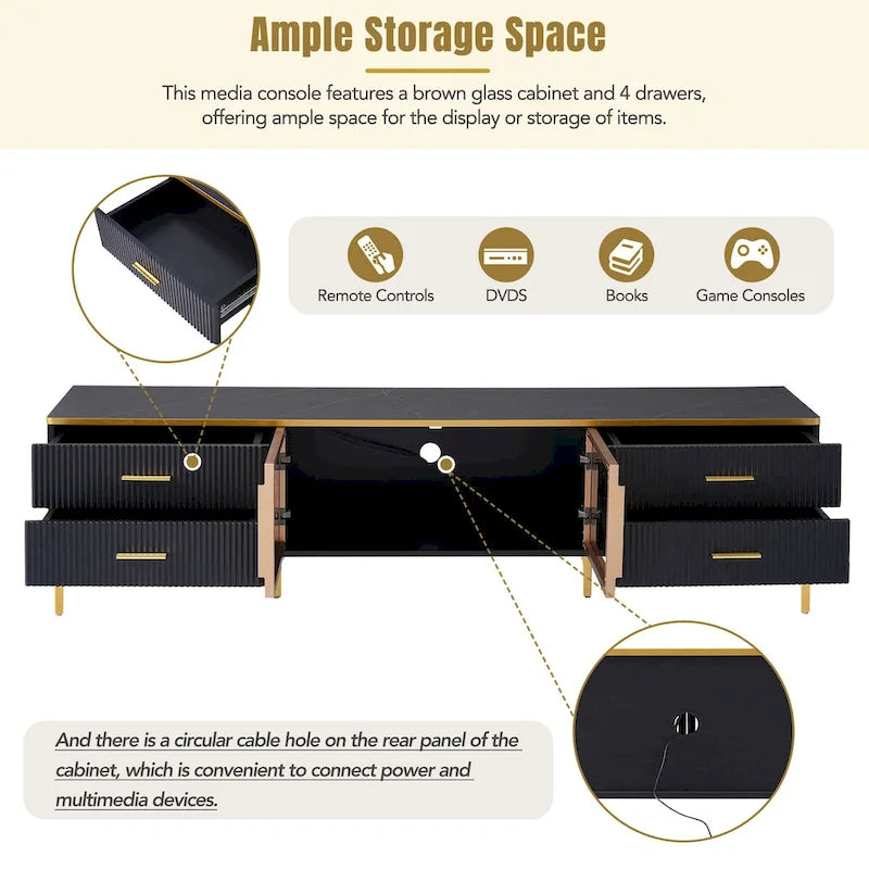 Media Console Table with Glass Storage Cabinet,Golden Legs & Handles