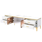 Media Console Table with Glass Storage Cabinet,Golden Legs & Handles