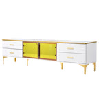 Media Console Table with Glass Storage Cabinet,Golden Legs & Handles