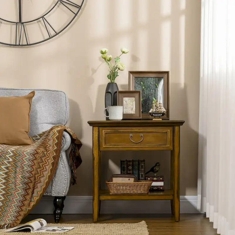 Side Table With Storage, Vintage End Table With Drawer And Open Shelf
