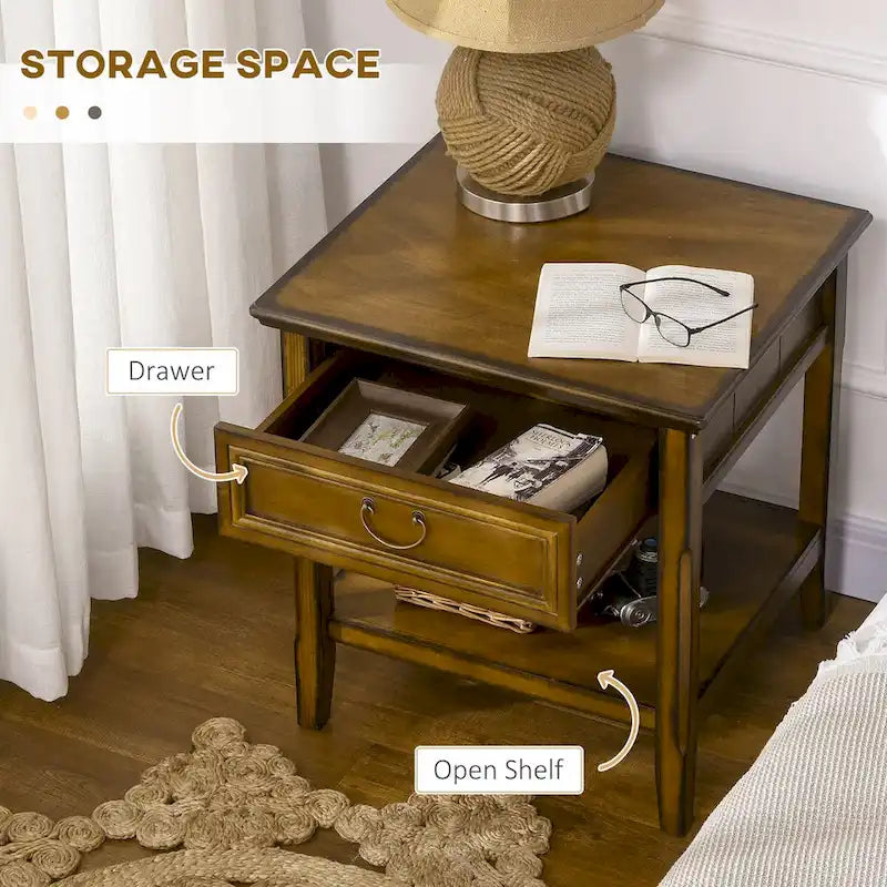 Side Table With Storage, Vintage End Table With Drawer And Open Shelf