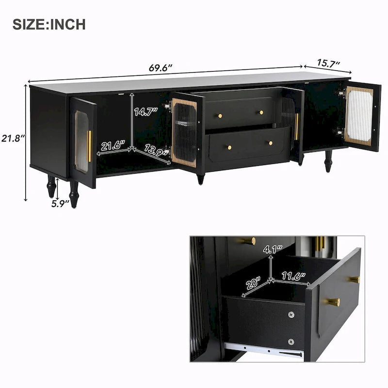 Retro TV Stand with Fluted Glass Doors for TVs Up to 78