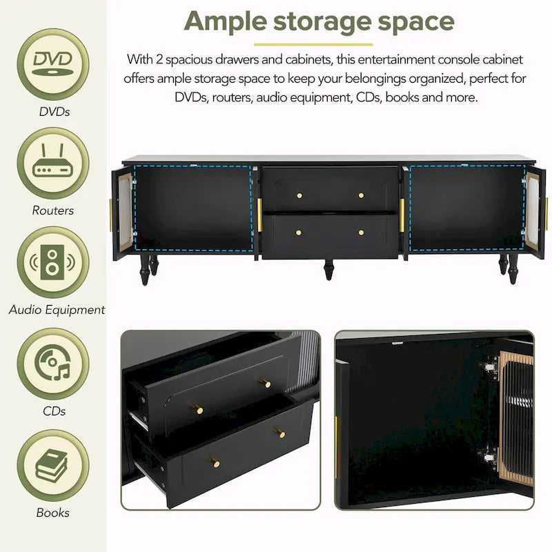 Retro TV Stand with Fluted Glass Doors for TVs Up to 78