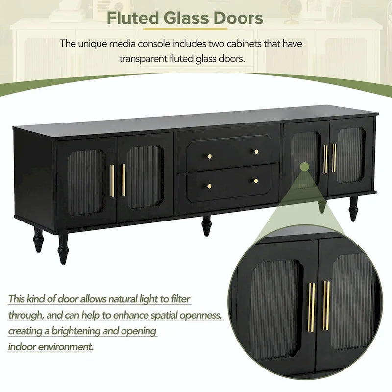 Retro TV Stand with Fluted Glass Doors for TVs Up to 78