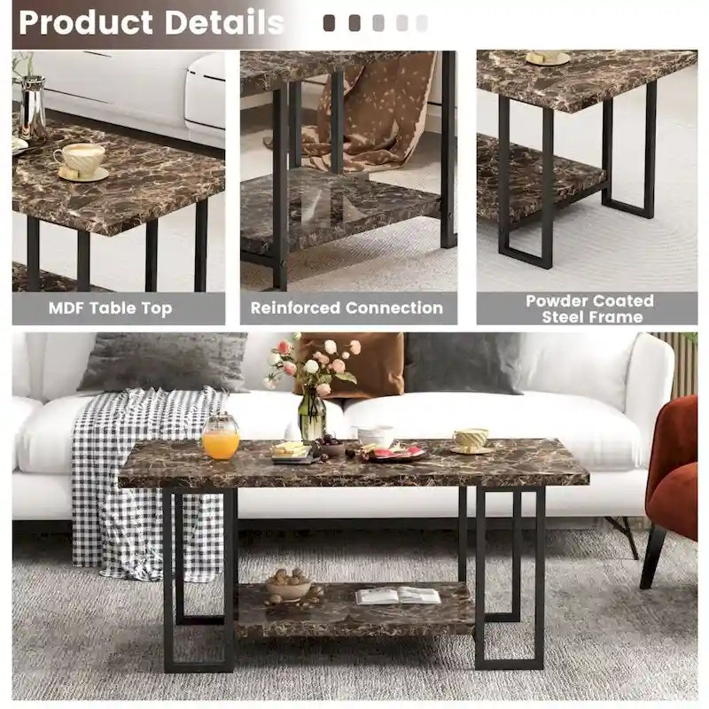 Mieres 39  Wide 2-Tier Faux Marble Top Coffee Table with Steel Frame