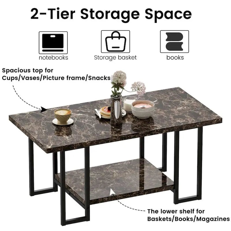 Mieres 39  Wide 2-Tier Faux Marble Top Coffee Table with Steel Frame