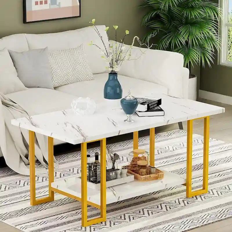 Mieres 39  Wide 2-Tier Faux Marble Top Coffee Table with Steel Frame