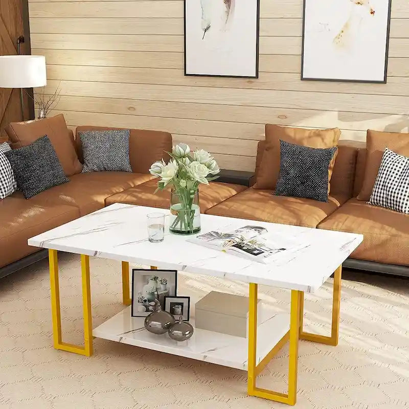 Mieres 39  Wide 2-Tier Faux Marble Top Coffee Table with Steel Frame