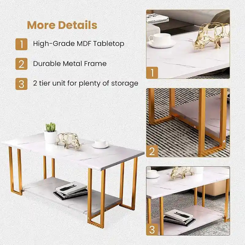 Mieres 39  Wide 2-Tier Faux Marble Top Coffee Table with Steel Frame