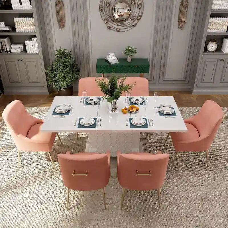 7-Piece Clihome High-gloss Extendable Table Velvet Chair Dining Set