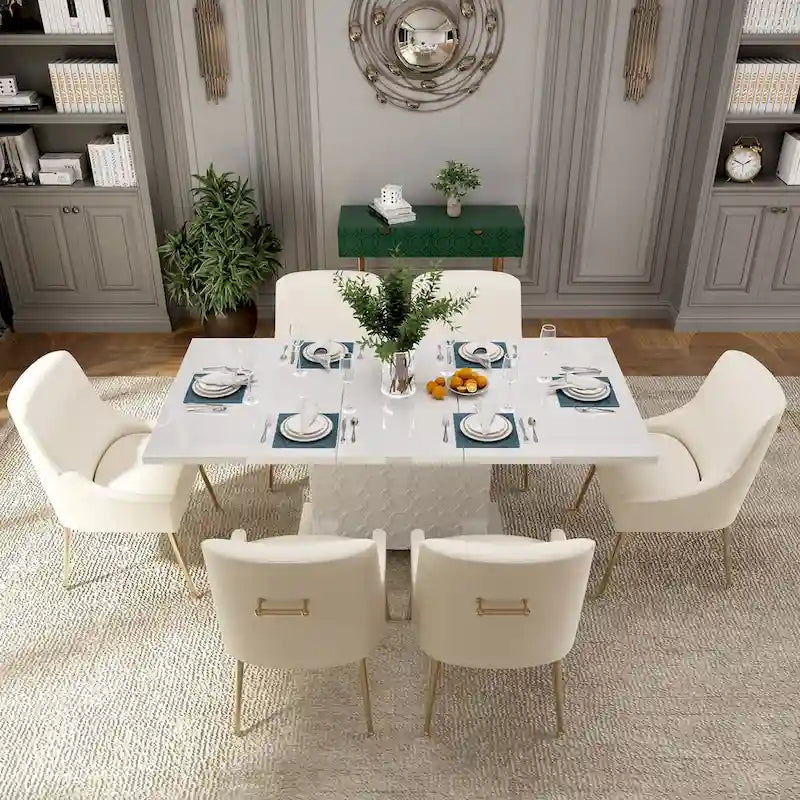 7-Piece Clihome High-gloss Extendable Table Velvet Chair Dining Set