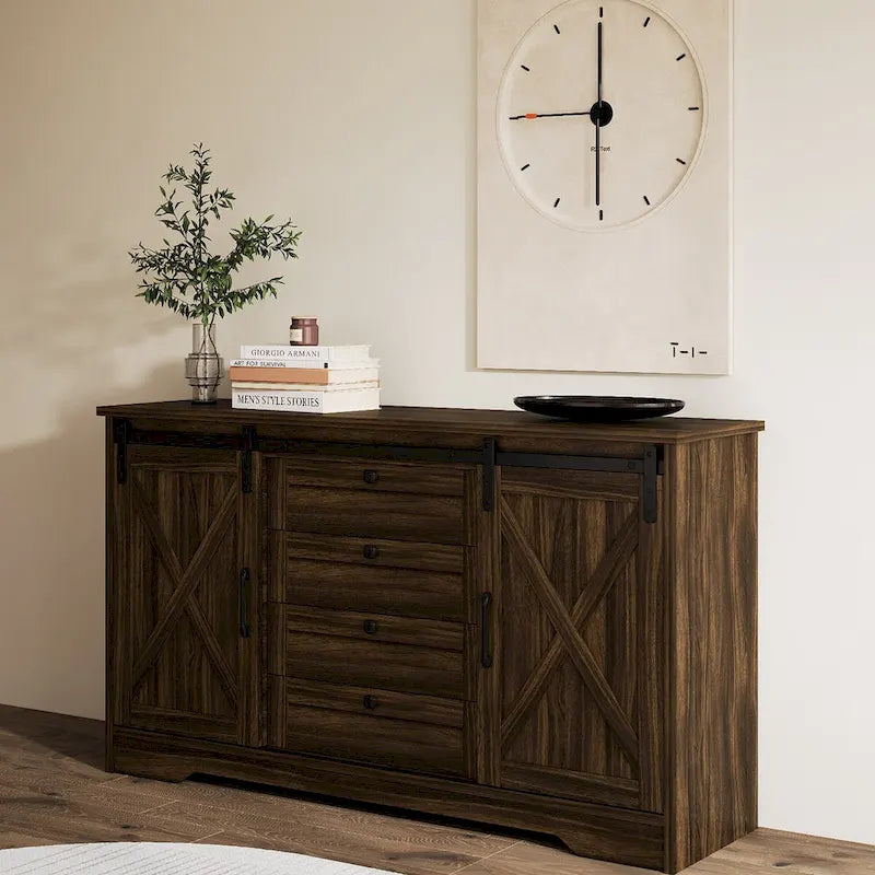 JASIWAY Barn Buffet Sideboard Cabinet with 2 Doors and 4 Drawers