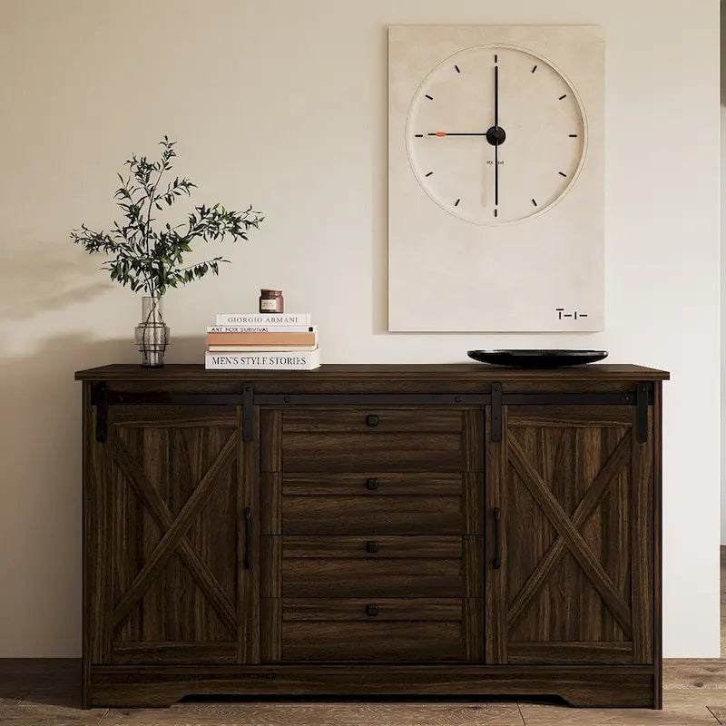 JASIWAY Barn Buffet Sideboard Cabinet with 2 Doors and 4 Drawers