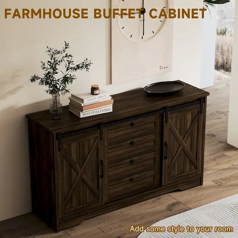 JASIWAY Barn Buffet Sideboard Cabinet with 2 Doors and 4 Drawers