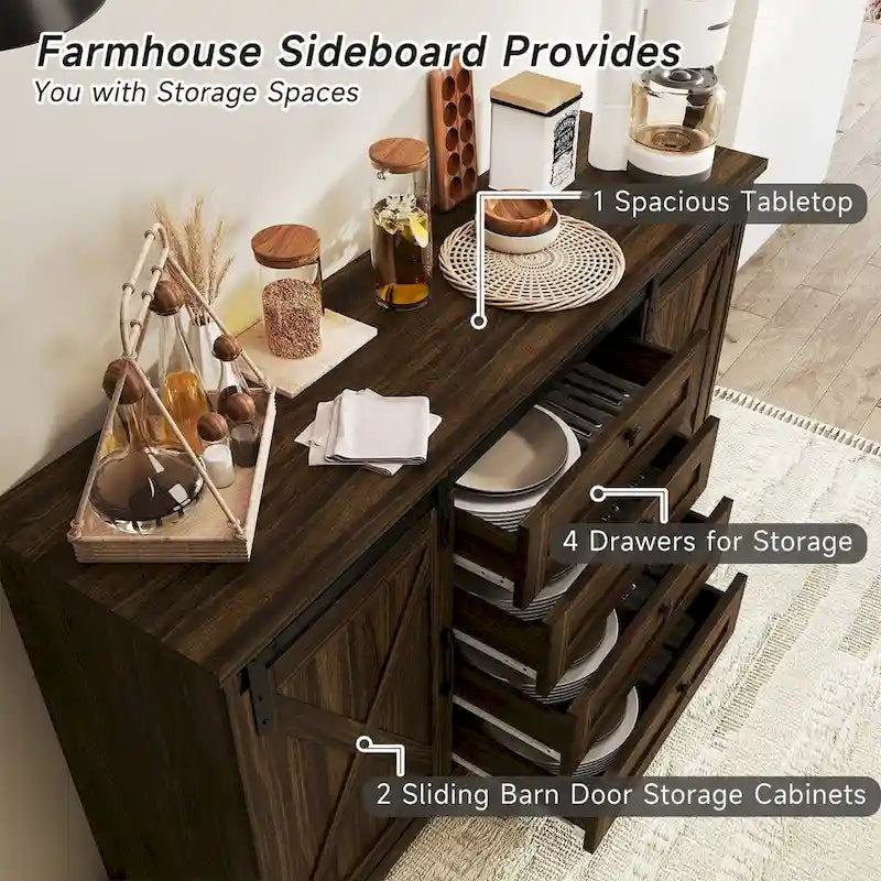 JASIWAY Barn Buffet Sideboard Cabinet with 2 Doors and 4 Drawers