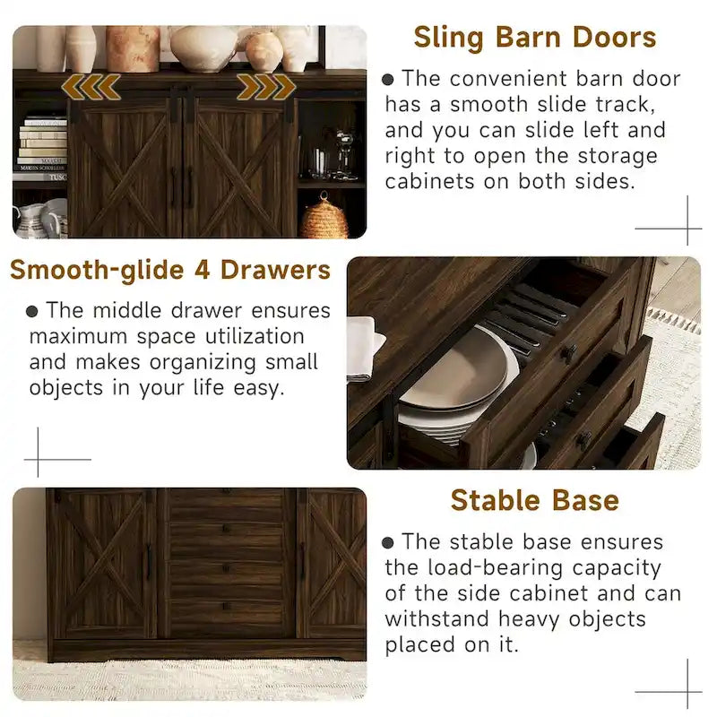 JASIWAY Barn Buffet Sideboard Cabinet with 2 Doors and 4 Drawers