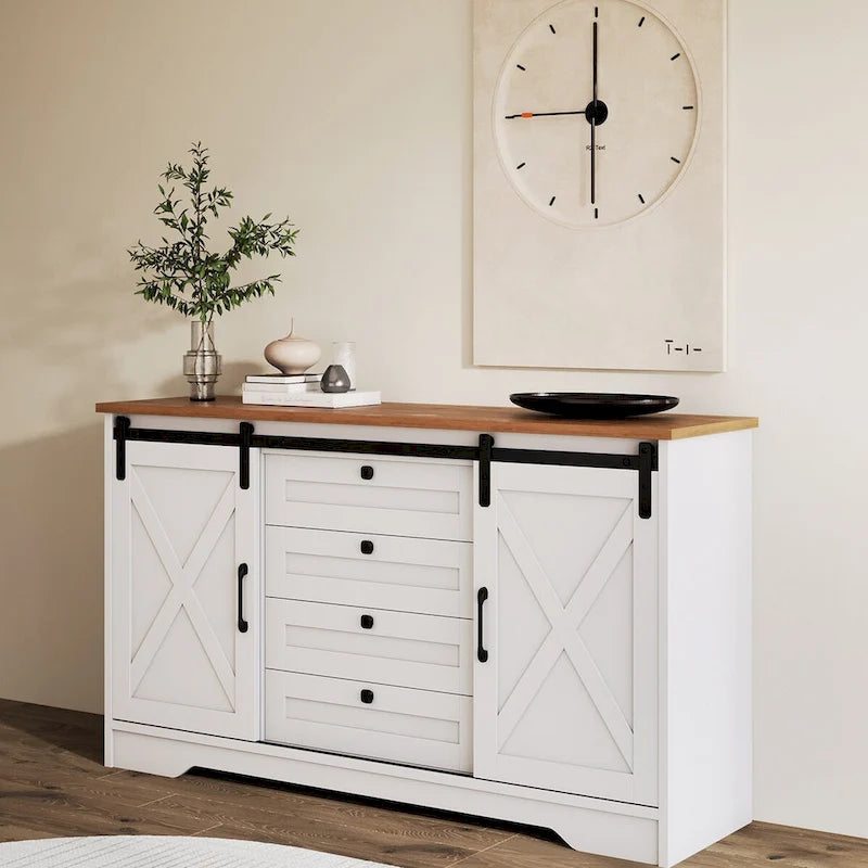 JASIWAY Barn Buffet Sideboard Cabinet with 2 Doors and 4 Drawers