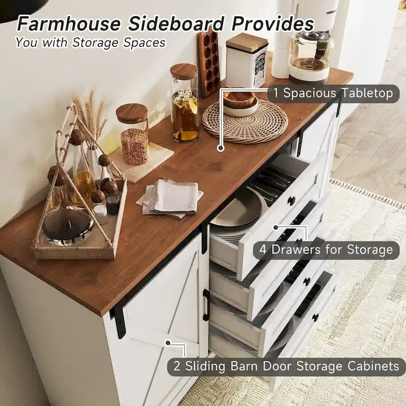 JASIWAY Barn Buffet Sideboard Cabinet with 2 Doors and 4 Drawers