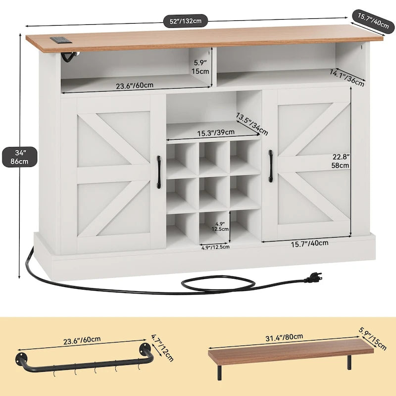 52 Farmhouse Coffee Bar Cabinet with Floating Shelf - 15.75 D x 52 W x 34 H