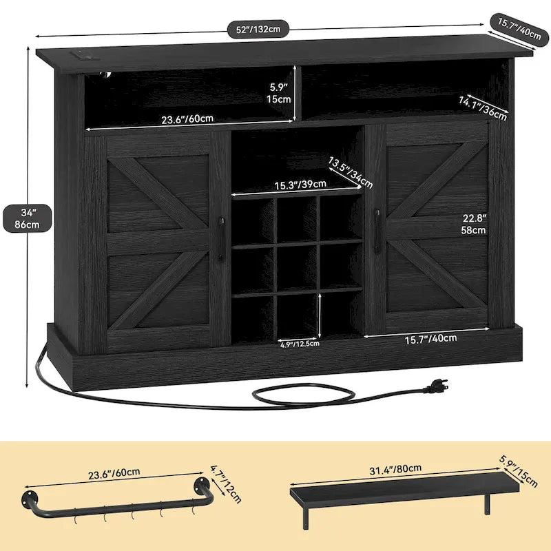 52 Farmhouse Coffee Bar Cabinet with Floating Shelf - 15.75 D x 52 W x 34 H
