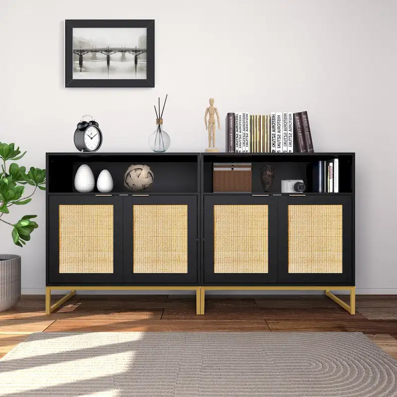 Anmytek Modern 2-Door Black Buffet Sideboard Table Rattan Kitchen Storage Cabinet with Open Shelf - 31.5 W x 15.7 D x 31.9 H