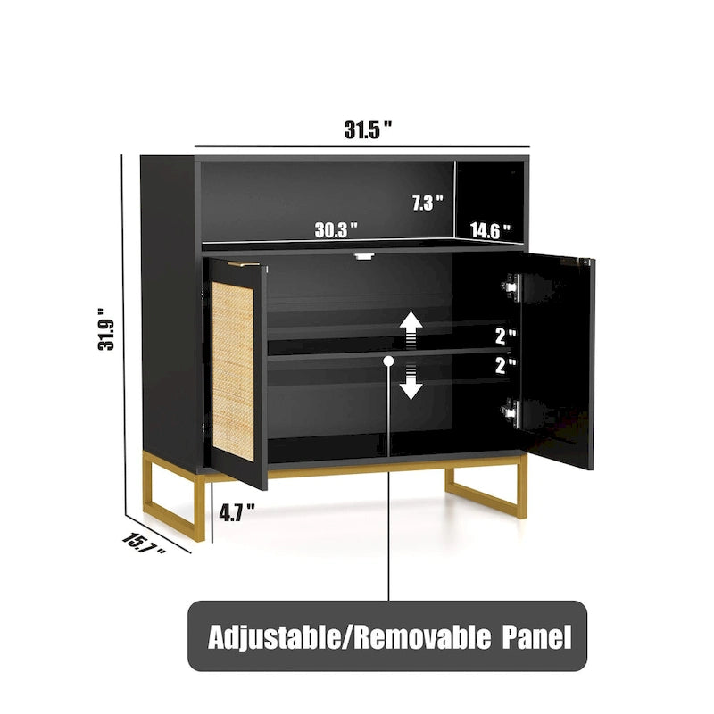 Anmytek Modern 2-Door Black Buffet Sideboard Table Rattan Kitchen Storage Cabinet with Open Shelf - 31.5 W x 15.7 D x 31.9 H