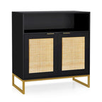 Anmytek Modern 2-Door Black Buffet Sideboard Table Rattan Kitchen Storage Cabinet with Open Shelf - 31.5 W x 15.7 D x 31.9 H