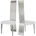 White Boucle and Silver Dining Chairs with Mirrored Silver Vertical Metal Tube Back