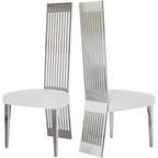 White Boucle and Silver Dining Chairs with Mirrored Silver Vertical Metal Tube Back