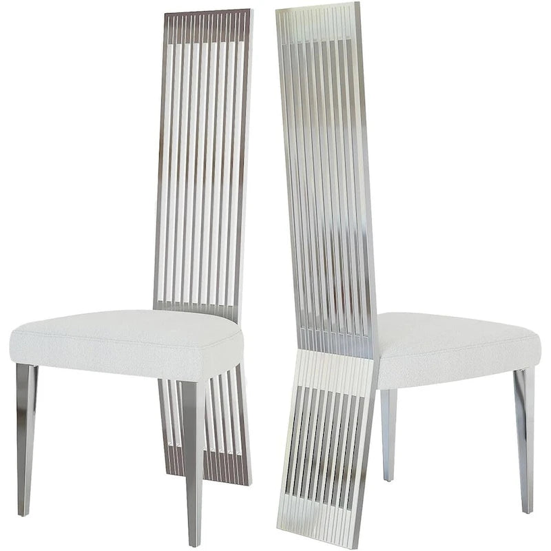 White Boucle and Silver Dining Chairs with Mirrored Silver Vertical Metal Tube Back