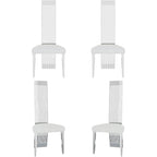 White Boucle and Silver Dining Chairs with Mirrored Silver Vertical Metal Tube Back