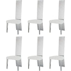 White Boucle and Silver Dining Chairs with Mirrored Silver Vertical Metal Tube Back