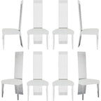 White Boucle and Silver Dining Chairs with Mirrored Silver Vertical Metal Tube Back
