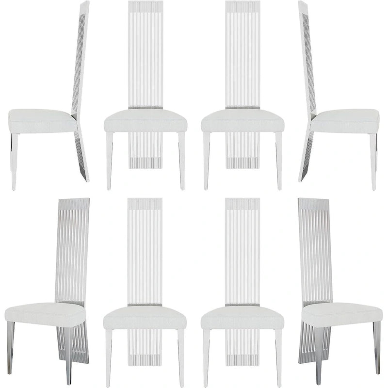 White Boucle and Silver Dining Chairs with Mirrored Silver Vertical Metal Tube Back