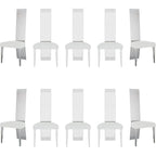 White Boucle and Silver Dining Chairs with Mirrored Silver Vertical Metal Tube Back