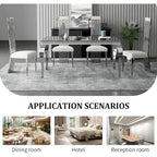 White Boucle and Silver Dining Chairs with Mirrored Silver Vertical Metal Tube Back