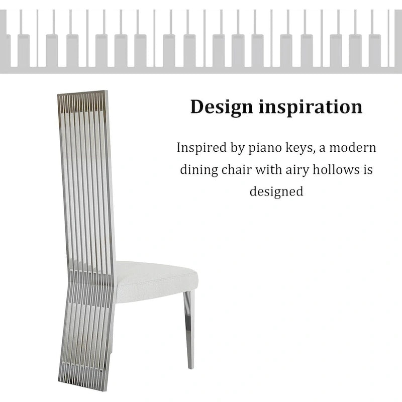White Boucle and Silver Dining Chairs with Mirrored Silver Vertical Metal Tube Back