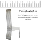 White Boucle and Silver Dining Chairs with Mirrored Silver Vertical Metal Tube Back