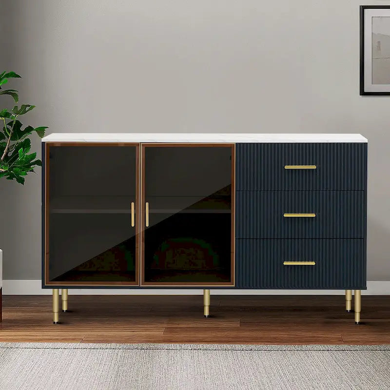 Modern Stylish Wooden Sideboard with 2 Amber-yellow Tempered Glass Doors