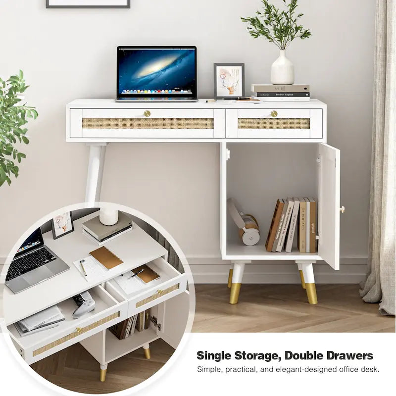 Computer Desk with 2 Drawers Modern Rattan Home Office Desk with File Cabinet