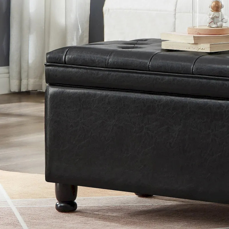 Black Upholstered Tufted Button Storage Bench with Faux Leather and Spindle Wooden Legs,Storage Ottoman Bench