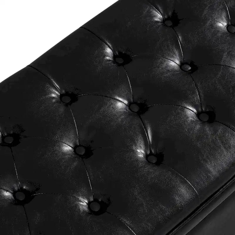 Black Upholstered Tufted Button Storage Bench with Faux Leather and Spindle Wooden Legs,Storage Ottoman Bench