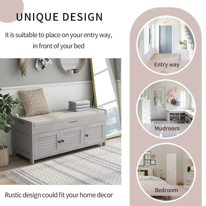 3 Doors Storage Bench with Removable Cushion and Hidden Storage Space