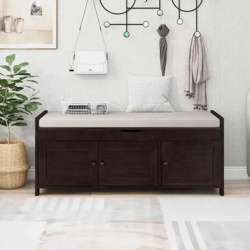 3 Doors Storage Bench with Removable Cushion and Hidden Storage Space