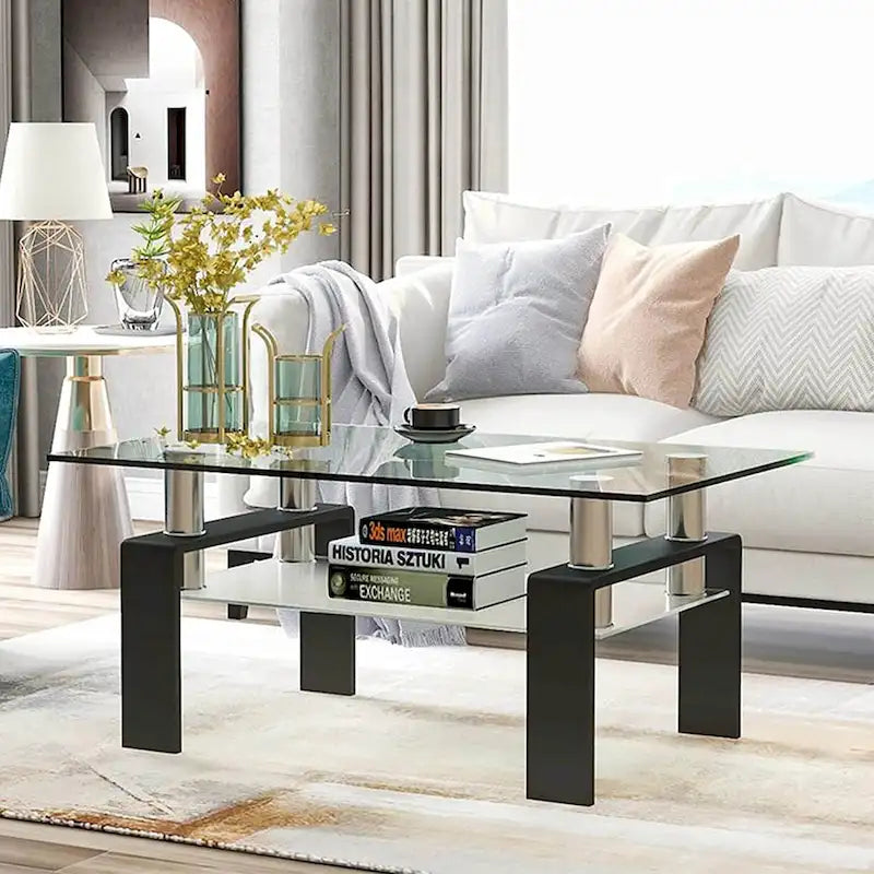 Rectangle Coffee Table Glass Tabletop with Lower Shelf