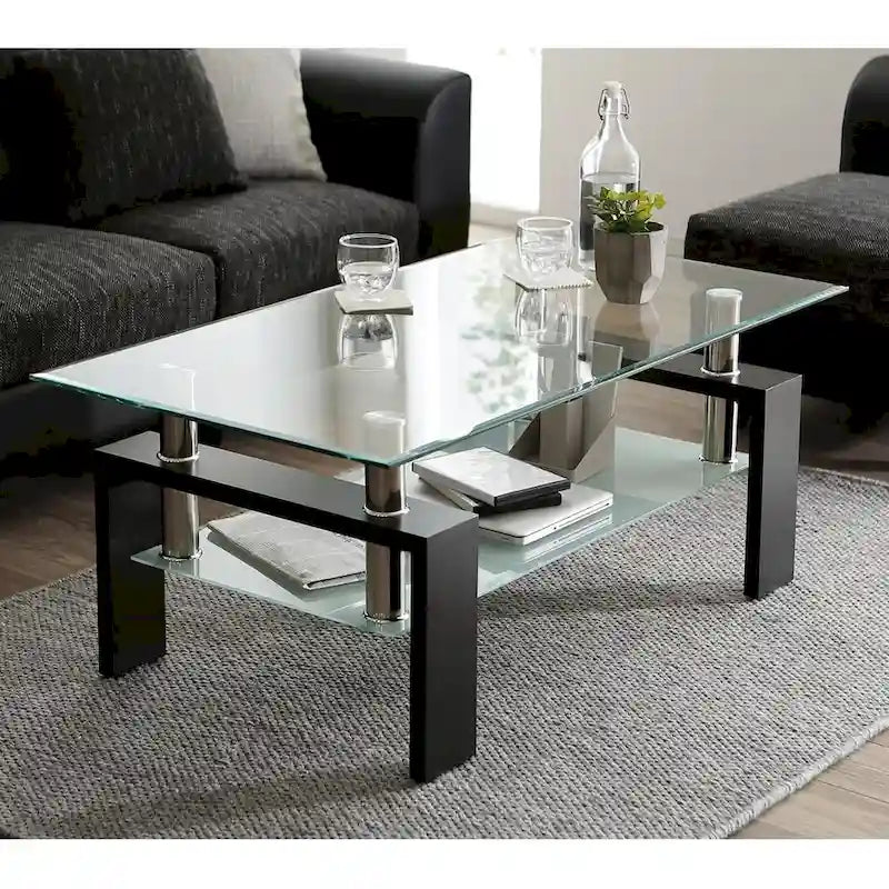 Rectangle Coffee Table Glass Tabletop with Lower Shelf