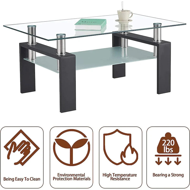 Rectangle Coffee Table Glass Tabletop with Lower Shelf