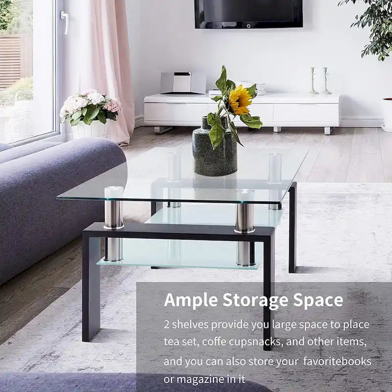 Rectangle Coffee Table Glass Tabletop with Lower Shelf