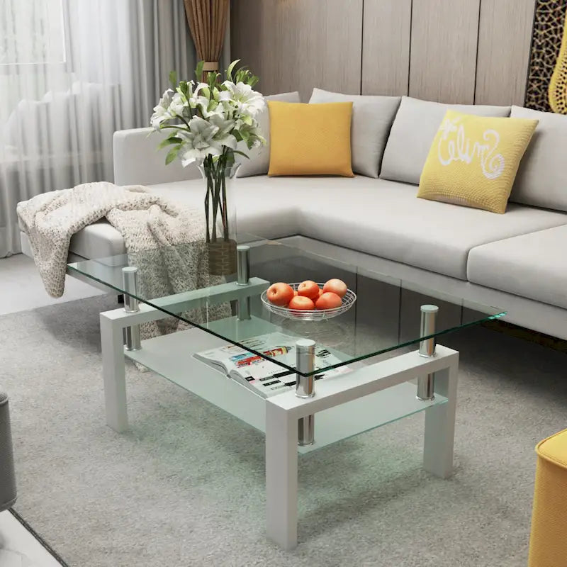 Rectangle Coffee Table Glass Tabletop with Lower Shelf
