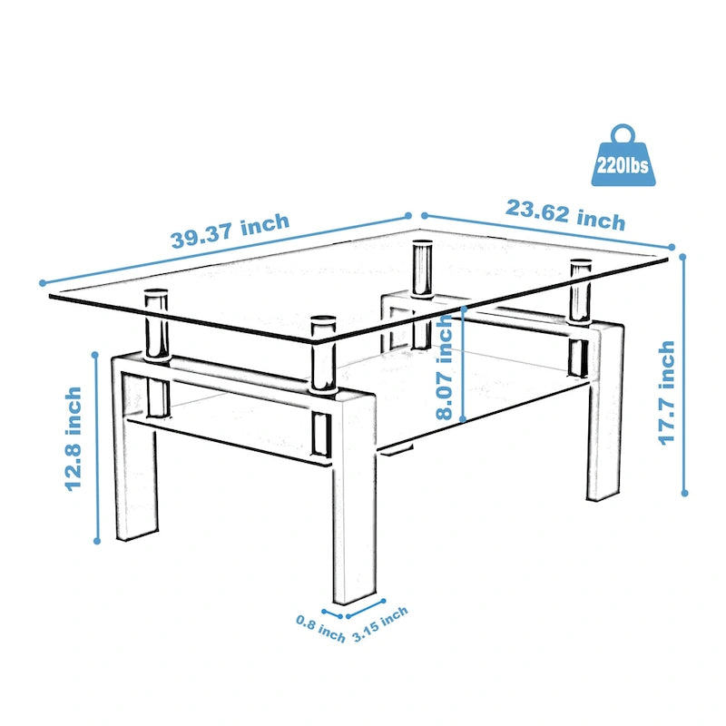 Rectangle Coffee Table Glass Tabletop with Lower Shelf